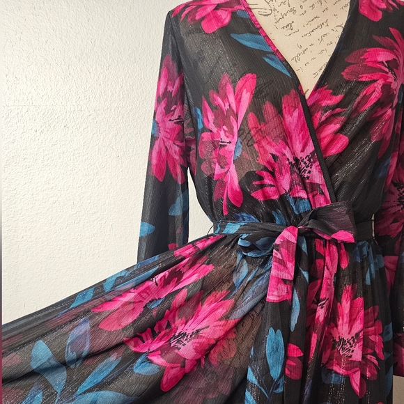 Alexa B Nites Dress Ladies Black Floral Maxi V-Neck Long Sleeve Size 8 - Picture 7 of 12